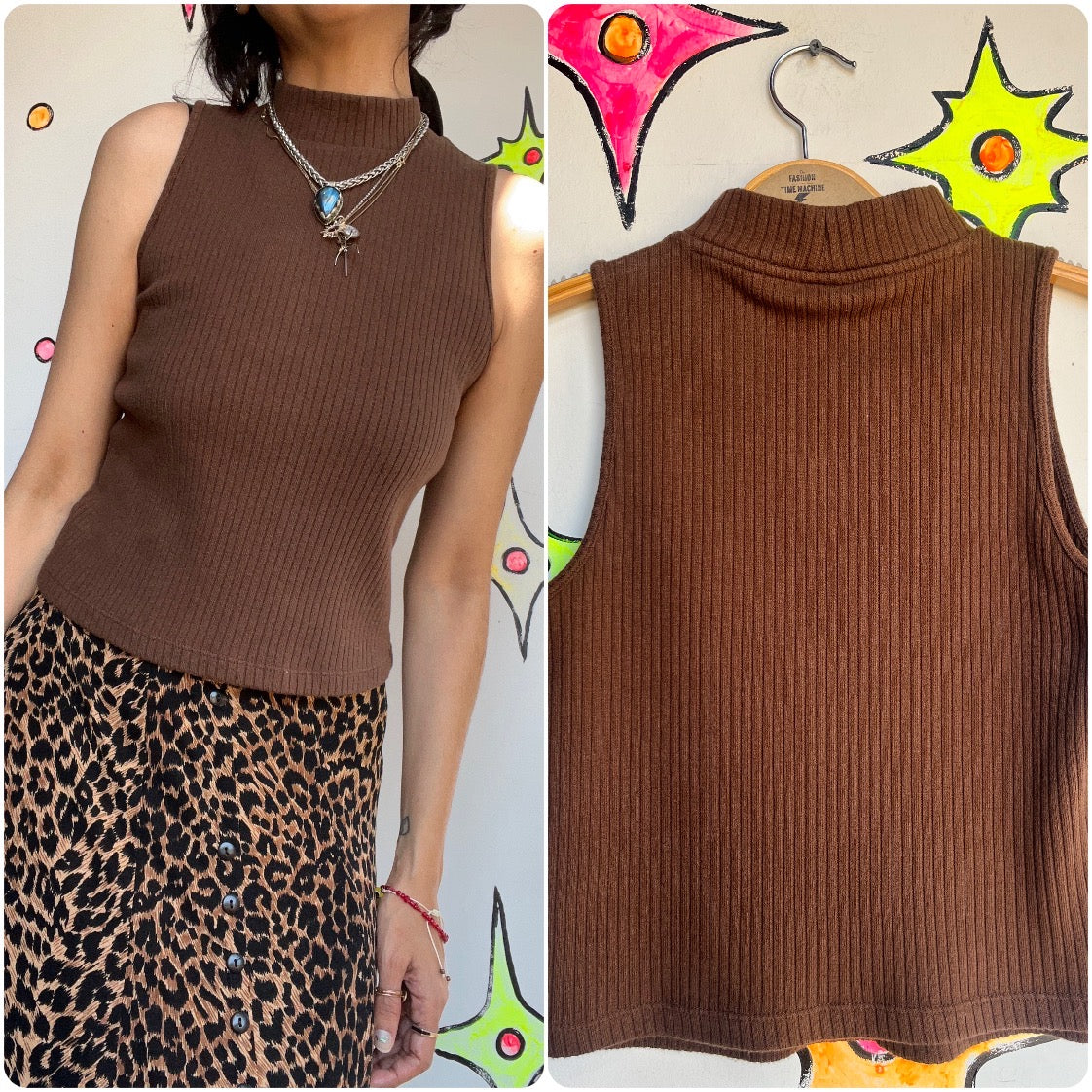 Vintage 90s Y2K Fairy Grunge Boho Emo Brown Turtleneck Ribbed SleevelessTop S