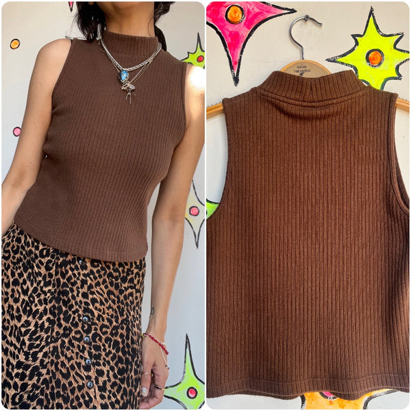 Vintage 90s Y2K Fairy Grunge Boho Emo Brown Turtleneck Ribbed SleevelessTop S