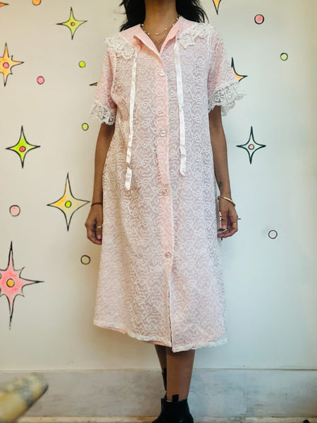 Vintage White Lace Pink Robe Victorian Romantic Babydoll Pegnoir Bed Jacket S/M