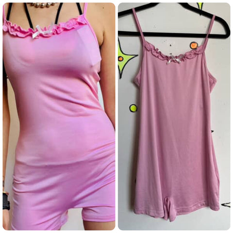 Vintage Pink Ruffle Slip Playsuit – Babydoll Balletcore Fairy Grunge Coquette M