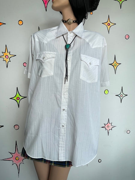 Vintage White Short Sleeve Western Button Up Shirt Pearl Snap Rodeo Cowboy XL