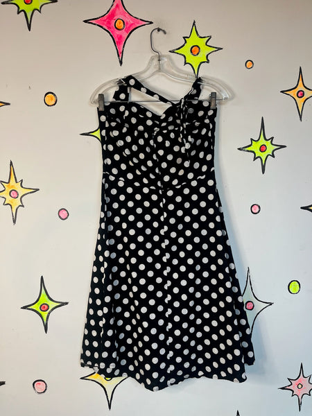 Vintage Retro 50s Style Black & White Polka Dot Halter Fit & Flare Swing Dress | L