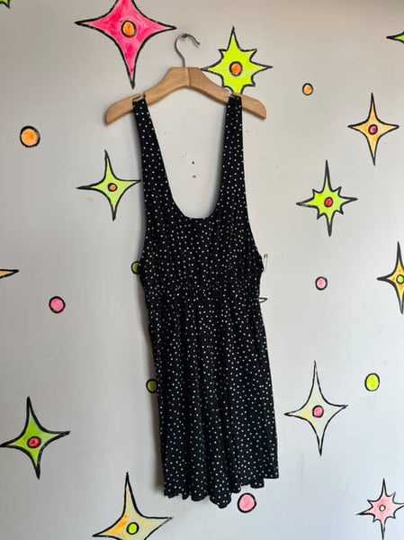 Vintage 80s Black & White Polka Dot Romper Mini Dress / Skort Whimsy Goth Small