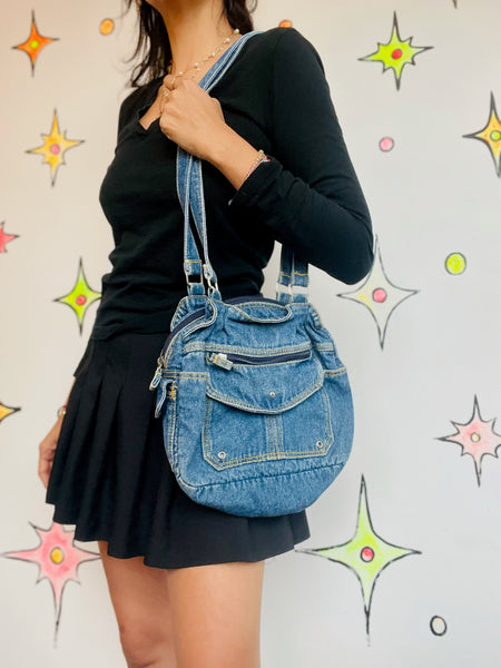 Vintage 80s Blue Denim Multi-Pocket Crossbody Bag – Fairy Grunge Boho Purse