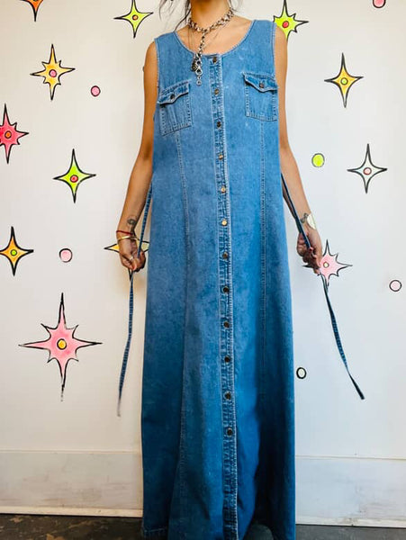 Vintage 90s Denim Button-Up Maxi Dress Liz Claiborne Boho Grunge Sleeveless | XL