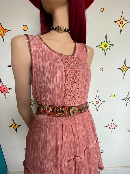 Vintage Red Distressed Embellished Crochet Boho Fairy Grunge Mini Dress S