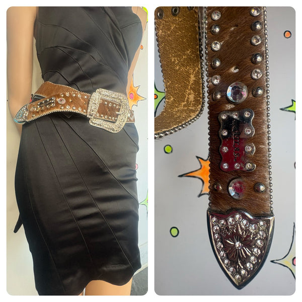 Y2K Rhinestone Belt Cowhide Leather Western Bling Cowgirl Glam Statement Belt