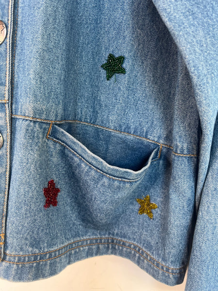 Vintage 90s CHICO’S Embellished Denim Jacket – Boho Grunge Jean Jacket – S-M