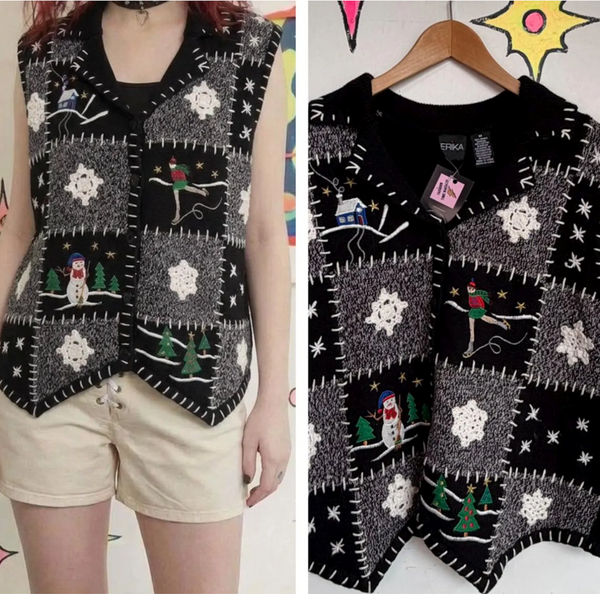 Vintage 80s 90s Embellished Ugly Christmas Knit Sweater X Mas Party Vest M