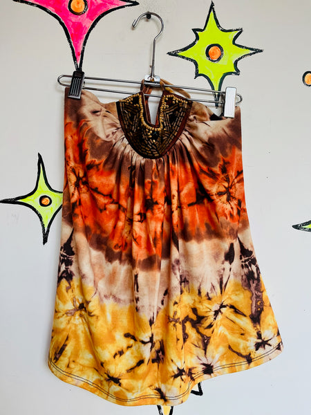 Y2K Orange Fairy Grunge Beaded Tie-Dye Halter Top – Vintage Boho Tee – XS/S