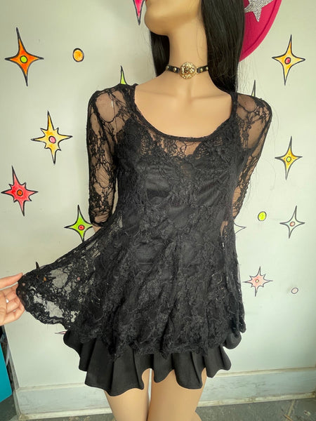 Y2K Black Lace Sheer Top | Whimsy Goth Y2K Babydoll Fairy Grunge Romantic S/M