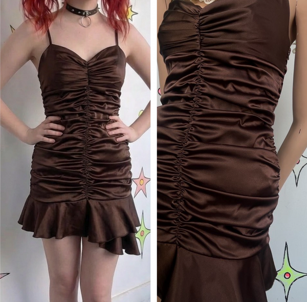90s Y2K Fairy Brown Satin Scrunch Dress Halter Mini Party Formal Grunge Glam S