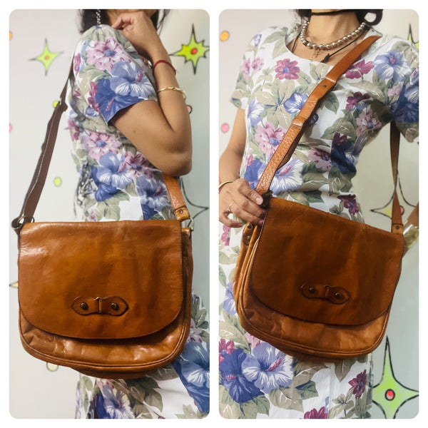 Vintage Soft Genuine Leather Boho Grunge Brown Western Satchel Crossbody Bag