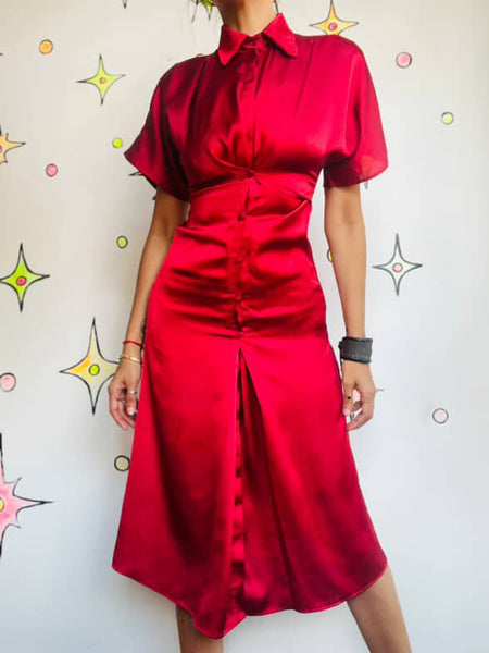Y2K Cherry Red Silky Shirt Dress - Copycat Miu Miu Style - Small