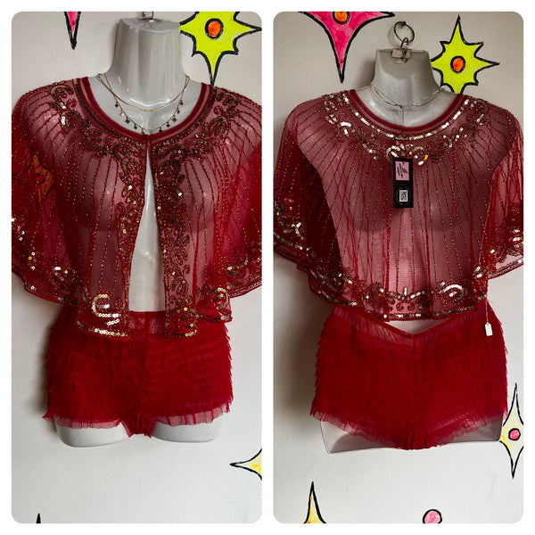 Vintage | Red Gold Sequin Beaded Embellished Costume Party Cape Shrug Bolero