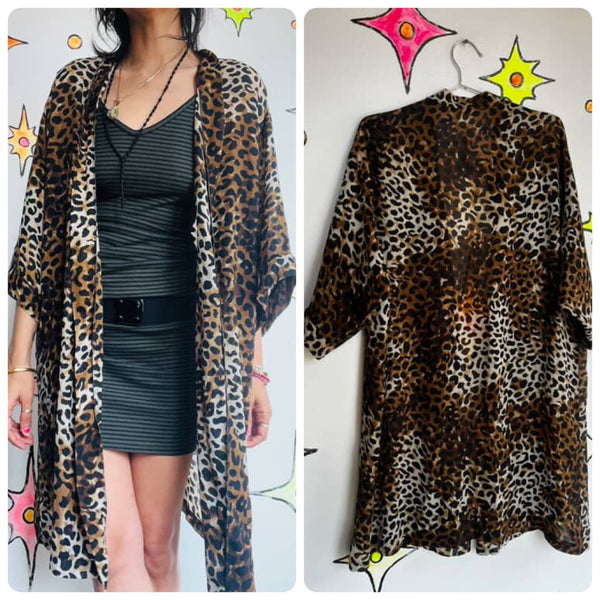 Vintage Sheer Leopard Robe – Boho Grunge Lingerie Festival Layering Piece – M