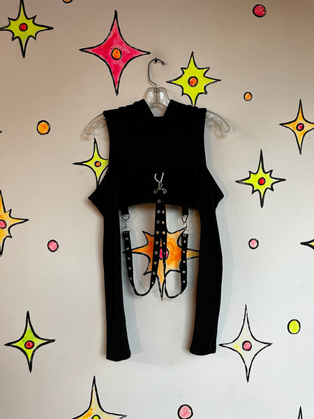 Y2K Black Goth Vixen Vamp Punk Metal Bondage Harness Crop Top Hoodie M