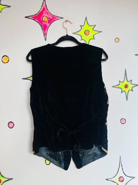 Vintage 80s 90s Black & Gold Embroidered Beaded Velvet Boho Vest - Size L