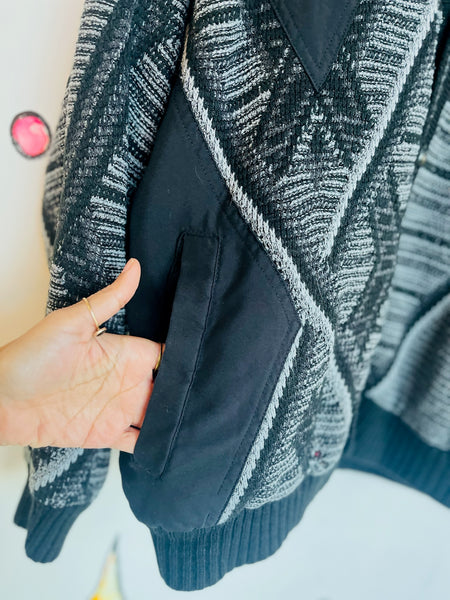 Vintage 90s Y2K Coogi-Style Boho Grunge Cardigan Sweater – Gray & Black - S