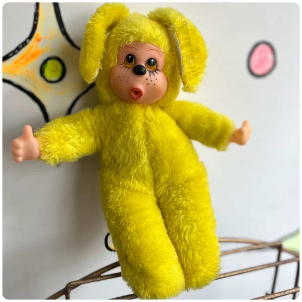 Vintage Yellow Monchhichi Plush by Jerry Elsnerco - Retro Kawaii Collectible Toy
