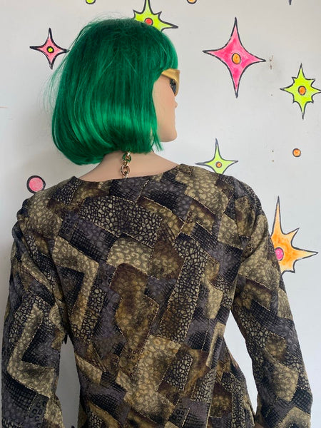 90s Abstract Patchwork Animal Print Top Elementz 3/4 Sleeve Grunge M