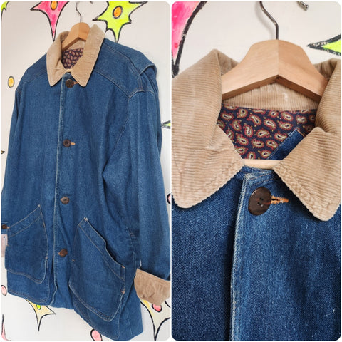 Vintage 90s | Denim Oversized Jacket / Coat with Corduroy Details | M