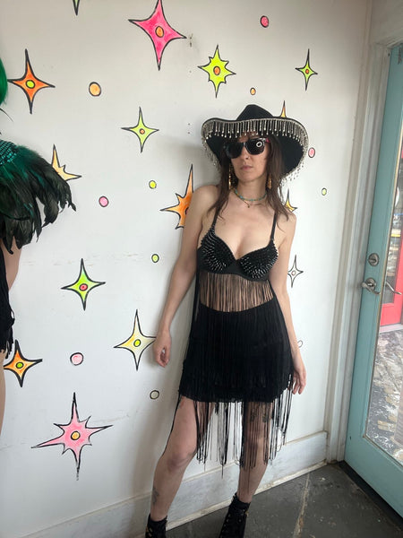 Black Spike Fringe Bra Goth Rave Metal Cosplay Grunge Rocky Horror S