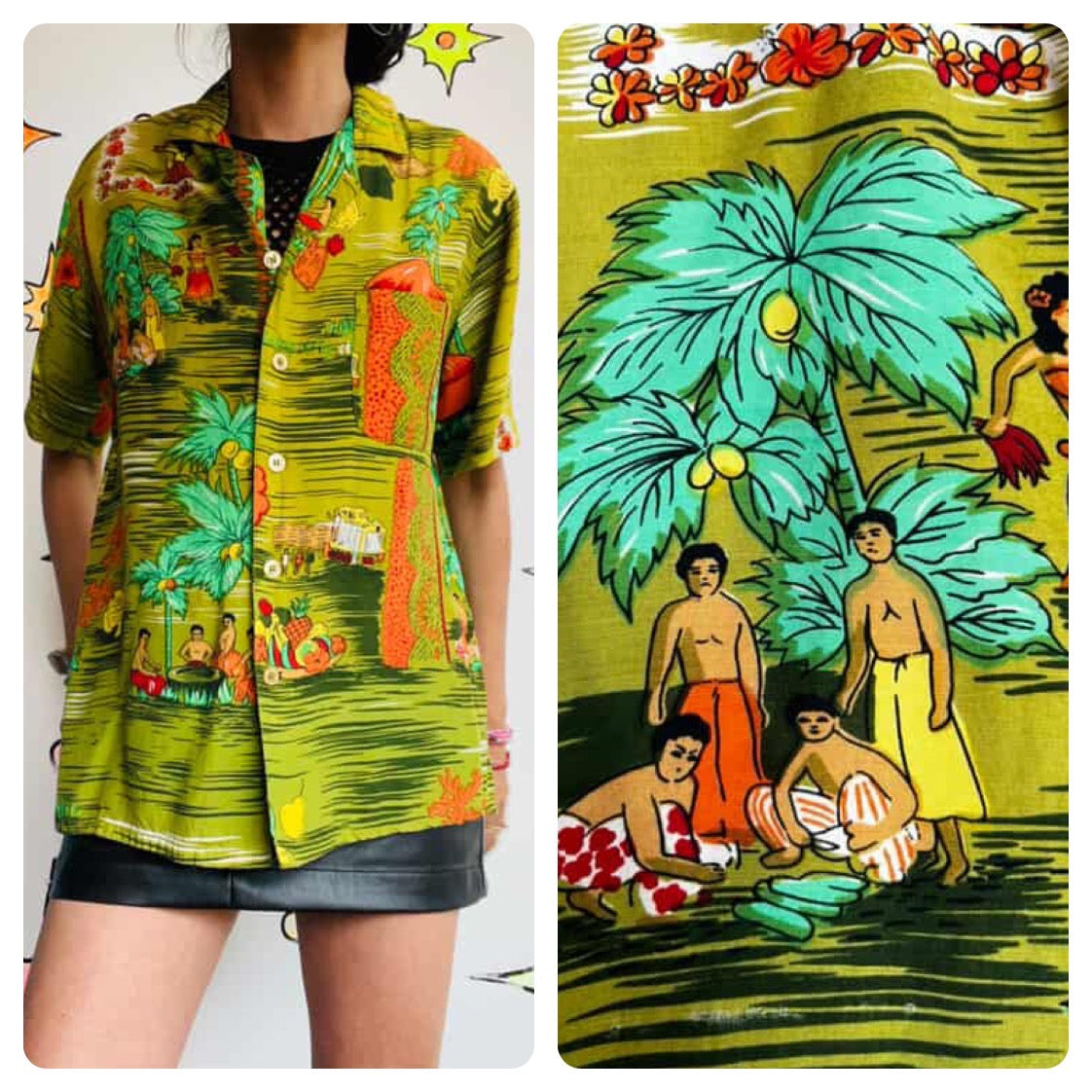 Vintage 1950s Green Hawaiian Tiki Shirt - Lightweight Cotton - Mens Small