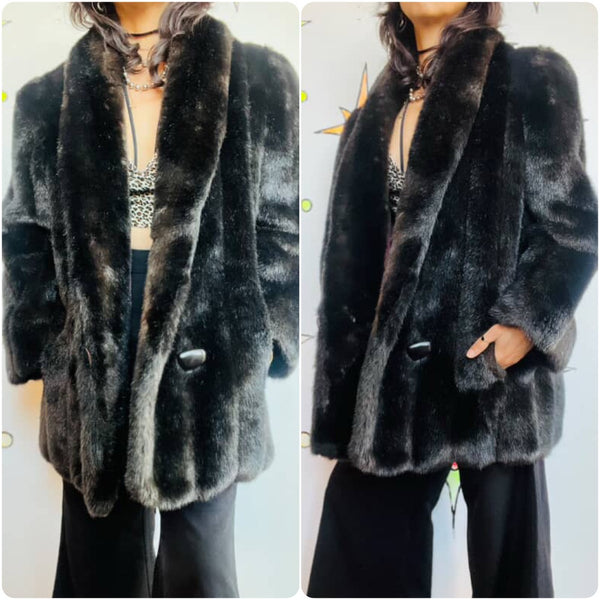 Vintage 70s 80s Chocolate Brown Faux Fur Vegan Glam Pinup Boho Grunge Coat M/L