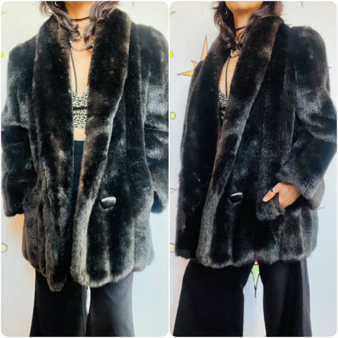Vintage 70s 80s Chocolate Brown Faux Fur Vegan Glam Pinup Boho Grunge Coat M/L