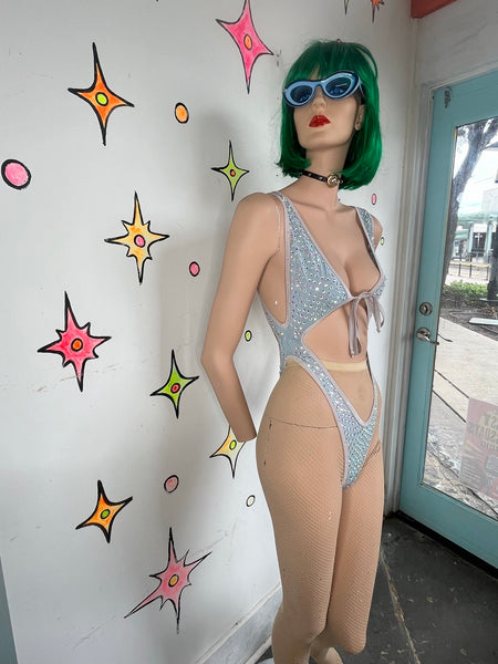 Y2K Crystal Rhinestone Fairycore Bodysuit Festival Rave Swim - XS/S