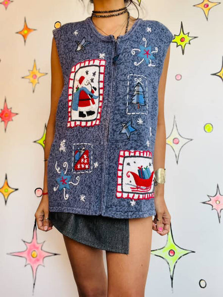 Vintage 80s 90s Ugly Christmas Sweater Santas Vest Blue Zip-Up Holiday Vest | XL