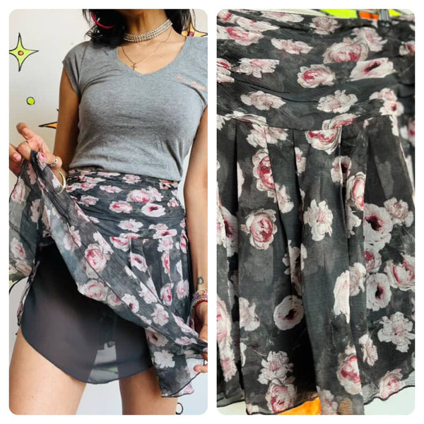 Y2K Gray w Pastel Pink Floral Print Fairy Boho Grunge Flowy Silk Mini Skirt - XS