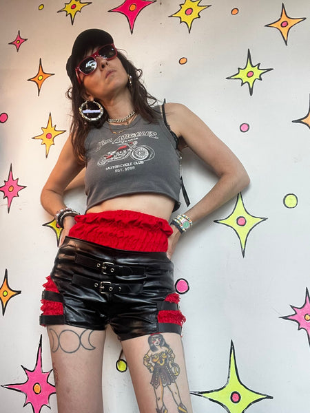 Y2K Vegan Leather Goth Shorts Punk Strappy Cyber Grunge Wasteland Clubwear XL