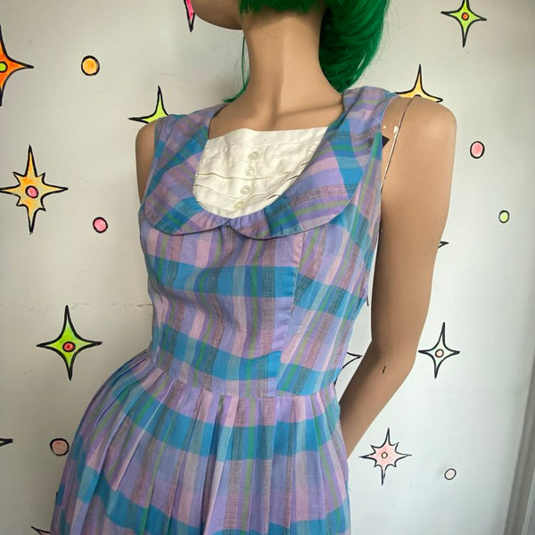 Vintage 50s Pastel Plaid Midi Dress Handmade Cotton Rockabilly Pin Up - Small