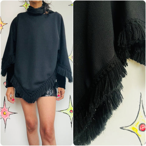 Vintage 60s 70s | Black Bohemian Poncho Capelet Cape Shawl w Fringe | Small