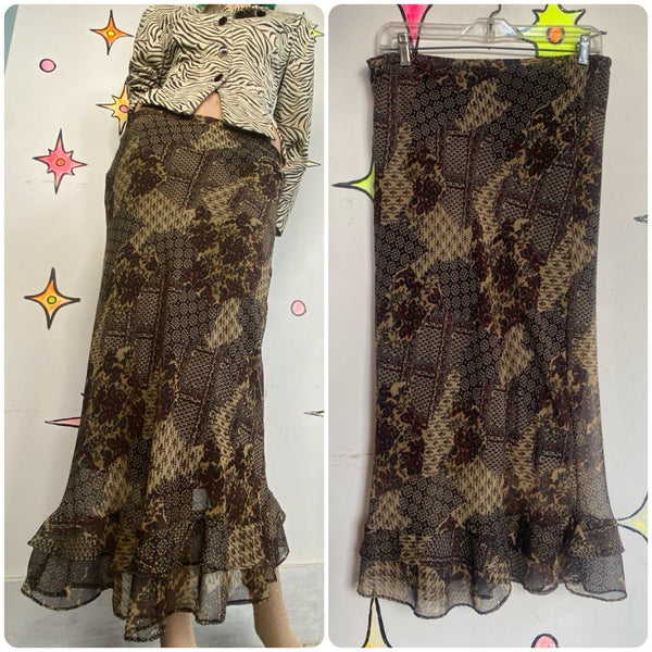 Vintage 90s Earth Tone Scarf Print Midi Skirt Floral Ruffle Fairy Grunge Boho - S
