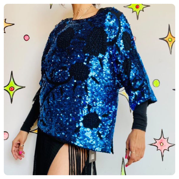 Vintage 70s 80s | Metallic Blue Sequin Disco Glam Dolman Sleeve Blouse Top | L