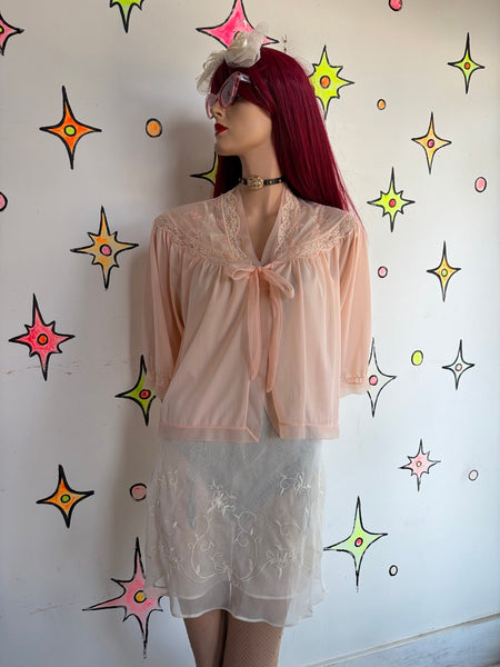 1950s Pink Pegnoir Chiffon Bed Jacket Rococo Kawaii Babydoll Boudoir Cape M/L