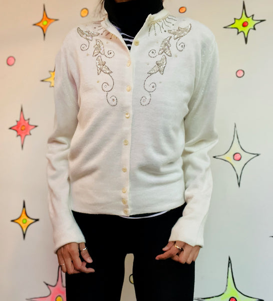 Vintage 1950s Creamy White Beaded Cardigan Sweater - Soft Fuzzy – Beaded - M