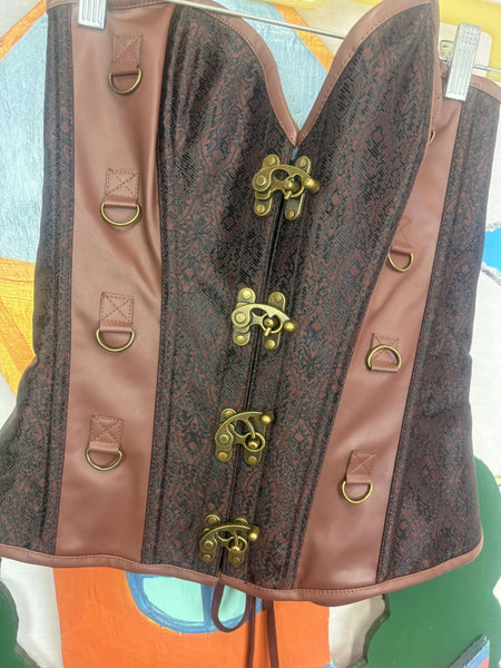 Steampunk Cosplay Brown Paisley Vegan Leather Corset Bustier Top | 3XL