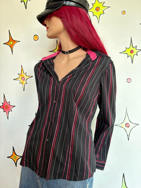 Y2K Mall Goth Pinstripe Shirt Black Red Office Siren Dark Academia Grunge Top L