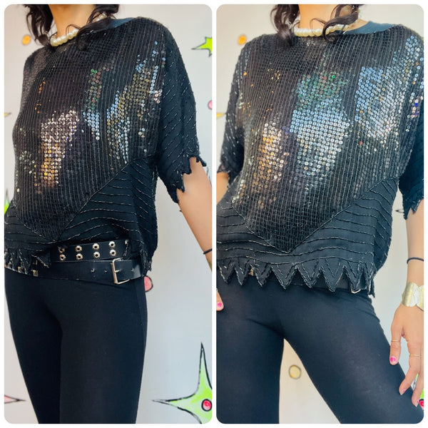 Vintage 80s 90s Black Whimsy Goth Glam Party Silk Sequin Blouse – Beaded – M