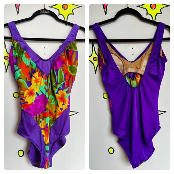 Vintage 70s 80s | Rainbow Hawaiian Day Glo One Piece Swimsuit Bodysuit | M L