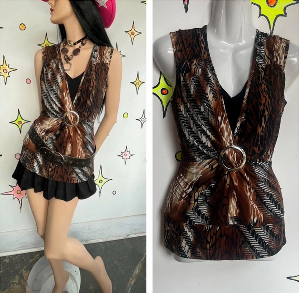 Vintage Y2K 2000s | Fairy Grunge Leopard Graffiti Tattoo Print 2 in 1 Top | M