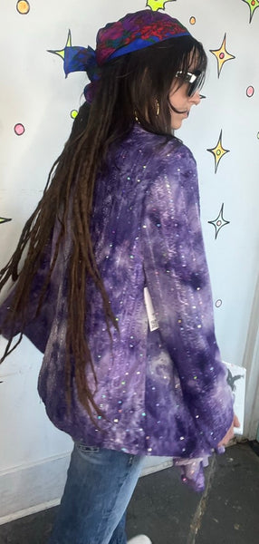 Y2K Purple Bling Tie Dye Duster Open Flowing Fairy Grunge Sparkly Cardigan L/XL