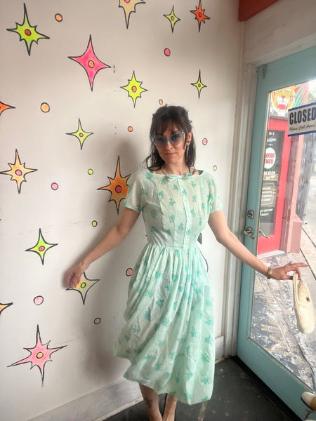 Vintage 1950s Jeanne d’Arc Mint Turquoise Cotton Fit & Flare Twirl Dress S
