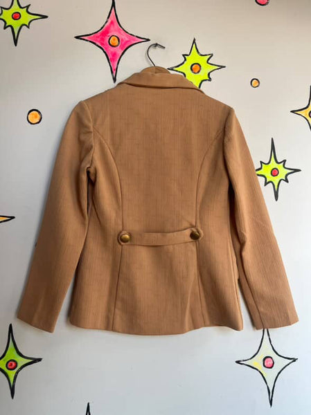 Vintage 70s Tan Polyester Blazer - Dagger Collar Retro Jacket - Size 8
