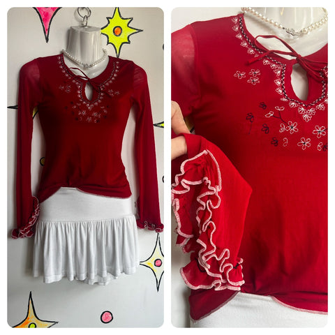 Vintage Y2K | Red Grunge Fairy Lettuce Hem Top Blouse | Small