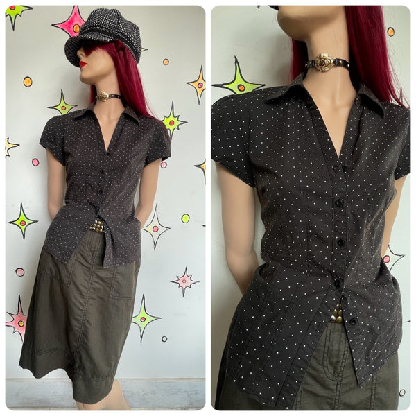 Vintage 90s Polka Dot Button Up Blouse Preppy Mall Goth Wardrobe Staple M